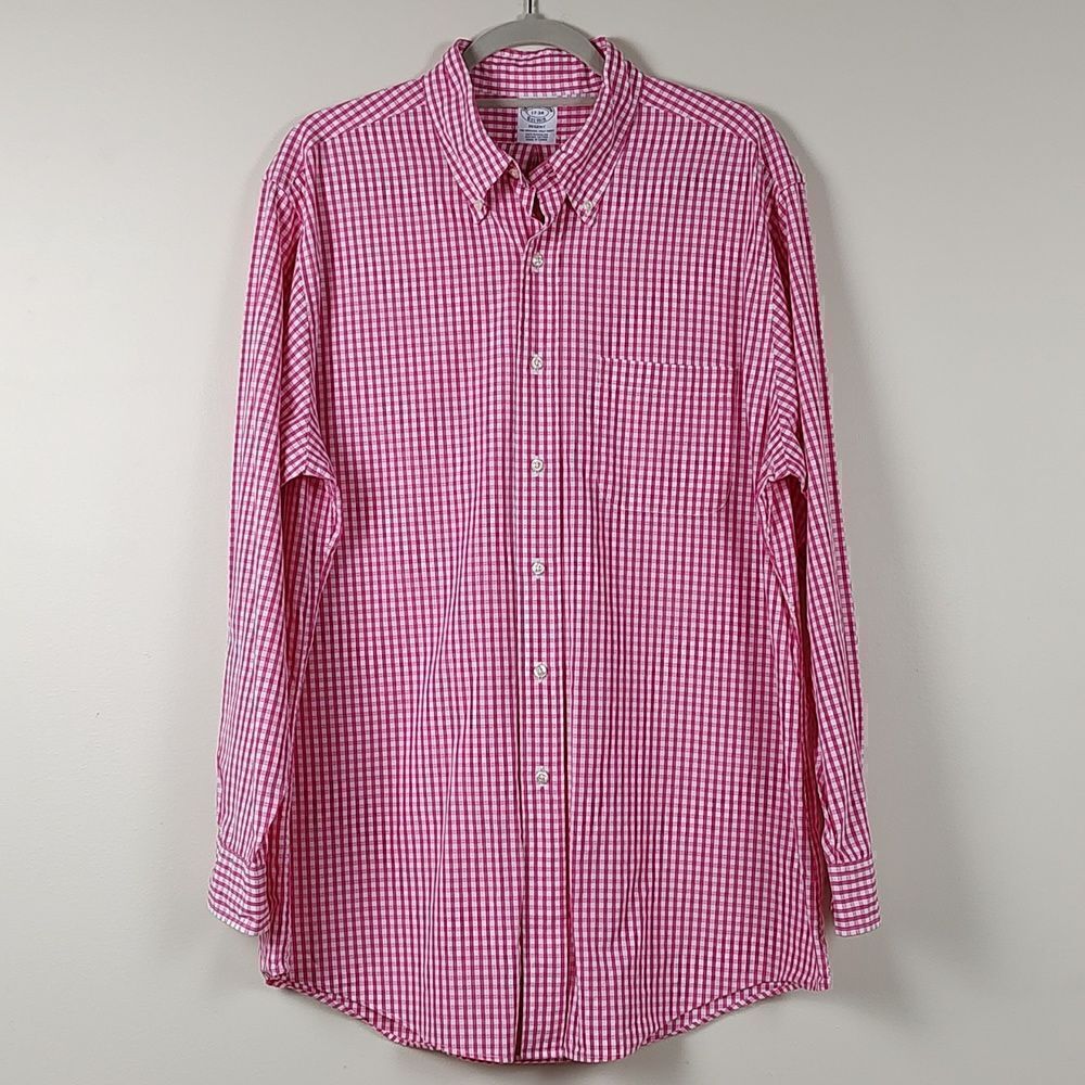 Brooks Brothers Regent Button Down Shirt Pink and White Windowpane Plaid Preppy